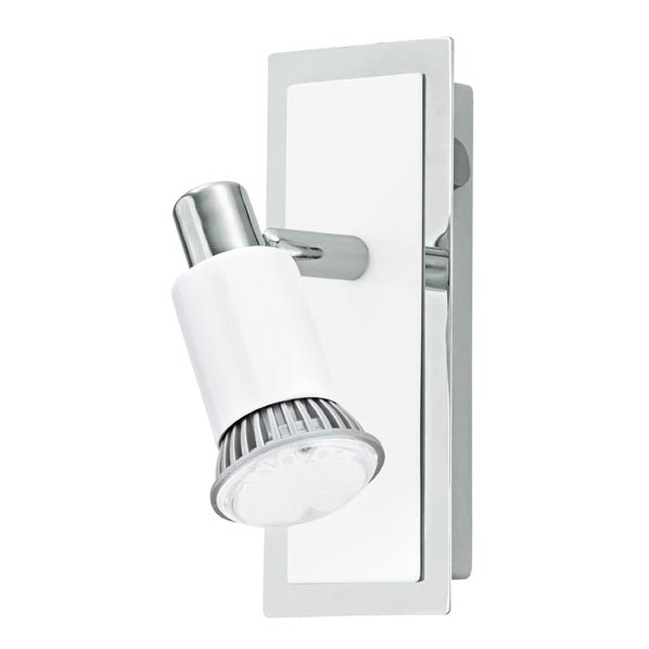 Svietidlo s bielym tienidlom a chrómovým rámom je pripevnené na stenu. Svietidlo je otočné. Biela časť svietidla je keramická.