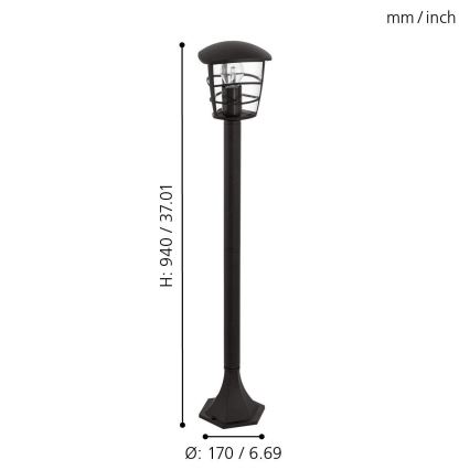 Stojaca lampa s tienidlom a klietkou stojí na šesťuholníkovom podstavci. Výška 940 mm/37,01 palcov, priemer podstavca 170 mm/6,69 palcov.