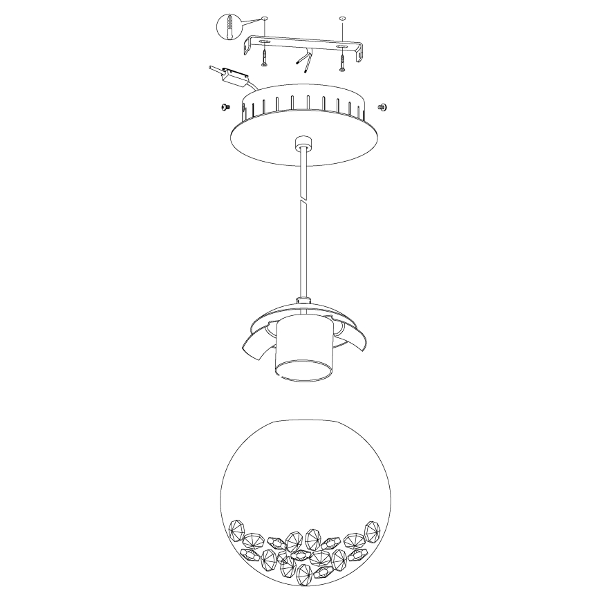 Návod na montáž závesného svietidla. Svietidlo sa skladá z kruhovej stropnice, dlhej tyče, cylindrického tienidla a guľového difúzora s krištáľmi. Súčasťou je aj montážna konzola a skrutky.
