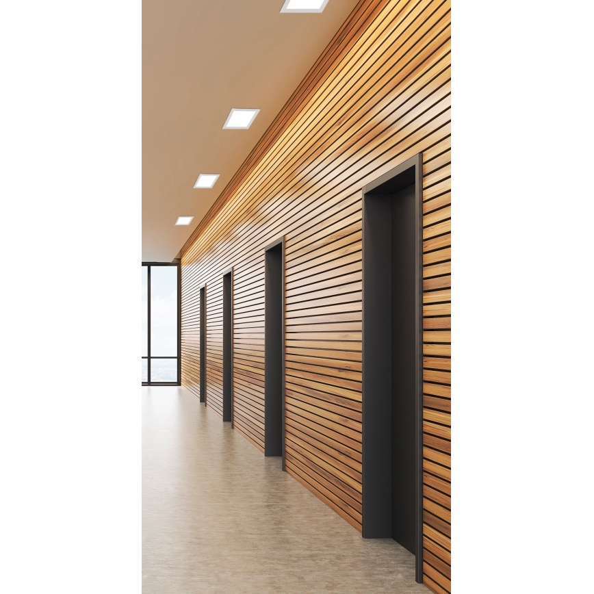 Dvere sa nachádzajú v dlhej chodbe s drevenými panelmi na stene. Chodba má betónovú podlahu a veľké okno s výhľadom na oblohu. Nad dverami je stropné osvetlenie.