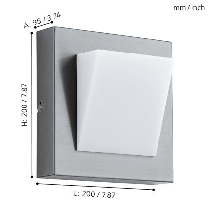 Nástenné svietidlo s hranatým bielym difúzorom je umiestnené v štvorcovom kovovom ráme. Rozmery: výška 200 mm/7,87 palca, šírka 200 mm/7,87 palca, hĺbka 95 mm/3,74 palca.