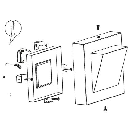 Návod na montáž štvorcového nástenného svietidla. Svietidlo sa skladá z dvoch častí, ktoré sa skrutkami pripevňujú k podkladu. Súčasťou je aj elektrická prípojka.