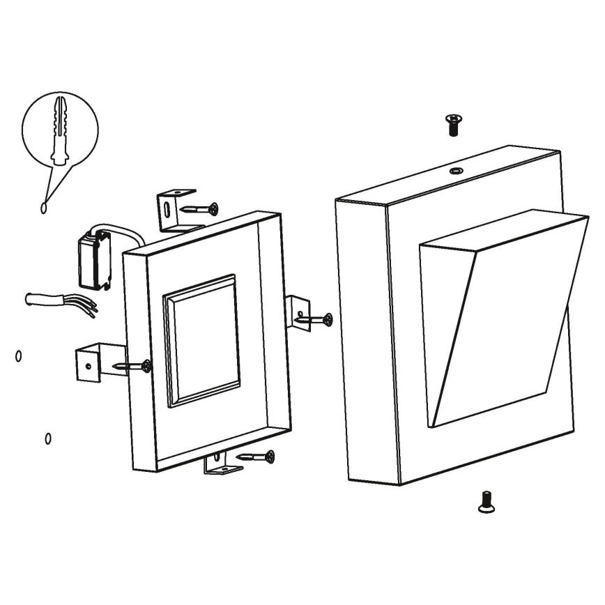 Návod na montáž štvorcového nástenného svietidla. Svietidlo sa skladá z dvoch častí, ktoré sa skrutkami pripevňujú k podkladu. Súčasťou je aj elektrická prípojka.