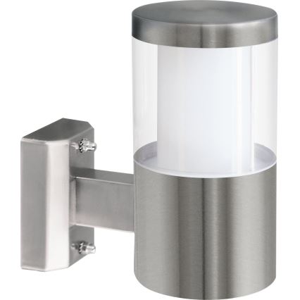 Nástenné svietidlo svieti. Je vyrobené z nehrdzavejúcej ocele a priehľadného plastu. Svietidlo je pripevnené na stenu pomocou kovového držiaku.