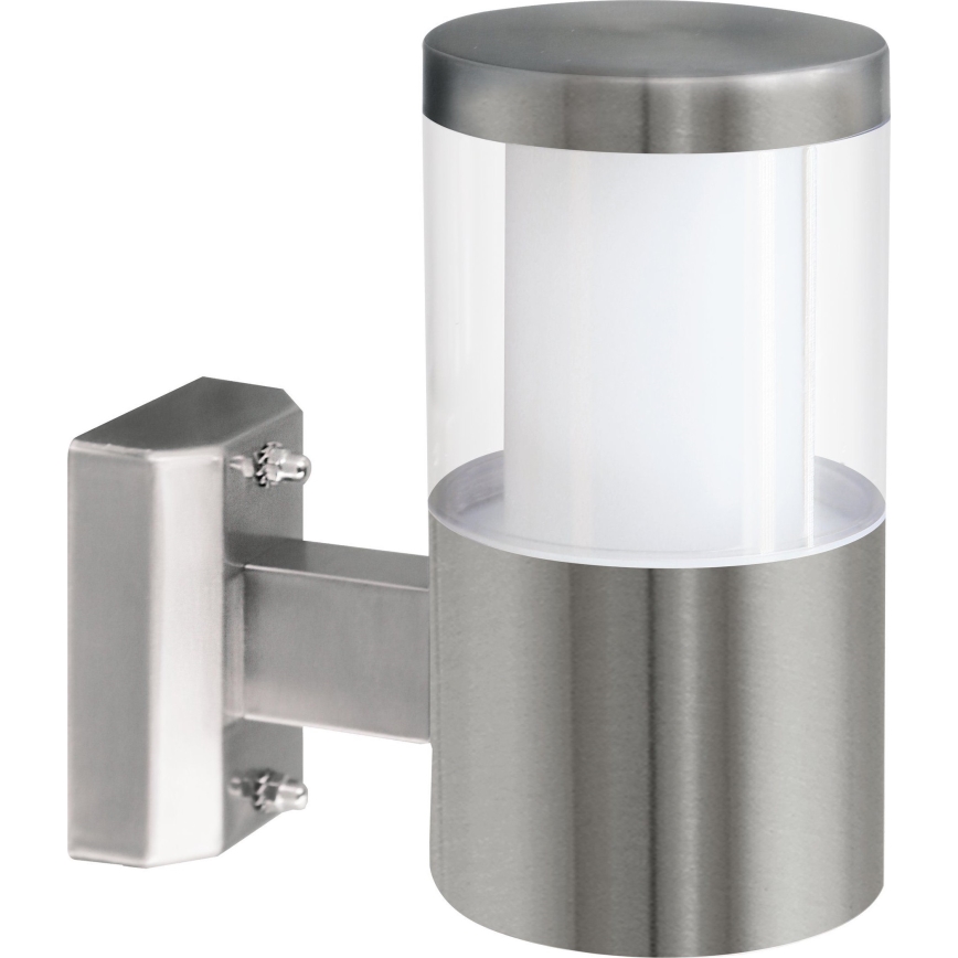 Nástenné svietidlo svieti. Je vyrobené z nehrdzavejúcej ocele a priehľadného plastu. Svietidlo je pripevnené na stenu pomocou kovového držiaku.