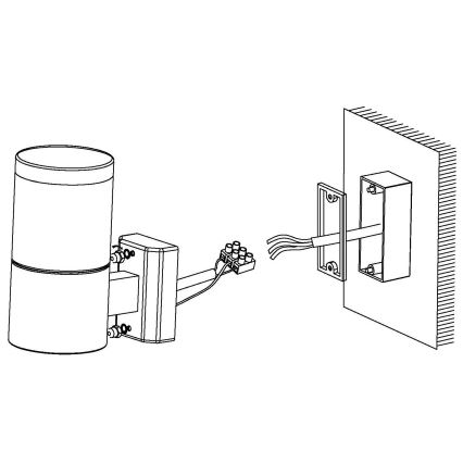 Svietidlo sa pripája k elektrickej rozvodnej skrinke. Káble sa pripájajú k svorkovnici na svietidle. Svietidlo sa montuje na stenu.