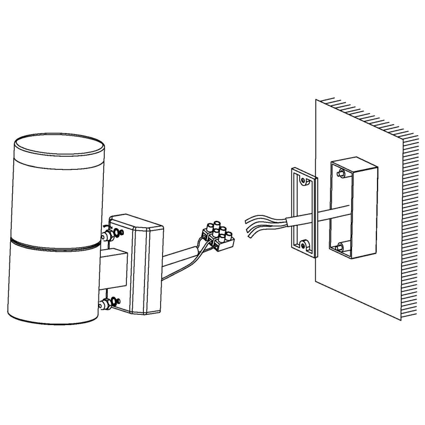 Svietidlo sa pripája k elektrickej rozvodnej skrinke. Káble sa pripájajú k svorkovnici na svietidle. Svietidlo sa montuje na stenu.