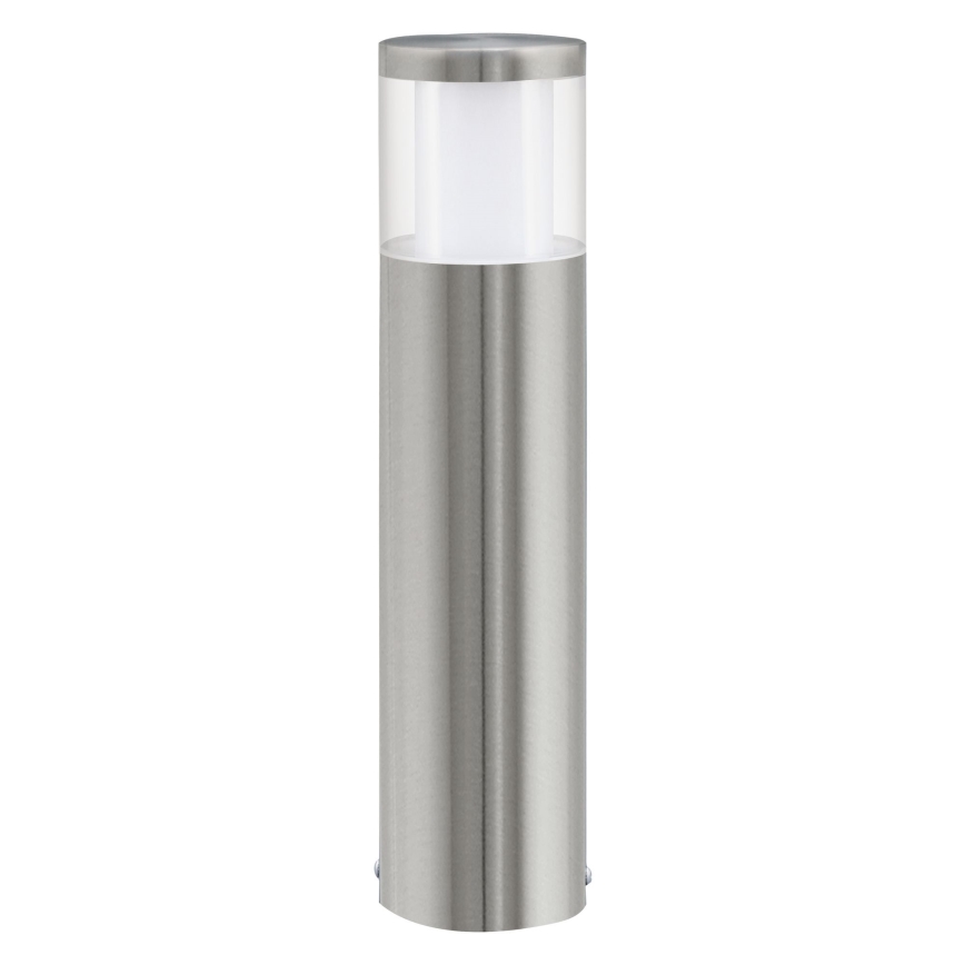 Stĺpové vonkajšie svietidlo s valcovým telom z nehrdzavejúcej ocele a priehľadnou hornou časťou, v ktorej je umiestnené matné biele svetlo. Svietidlo je umiestnené na bielom pozadí.