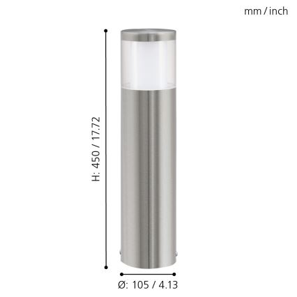 Stĺpiková lampa s valcovým tvarom, vyrobená z nerezovej ocele, s priehľadným difúzorom na vrchu. Výška 450 mm / 17,72 palca, priemer 105 mm / 4,13 palca.