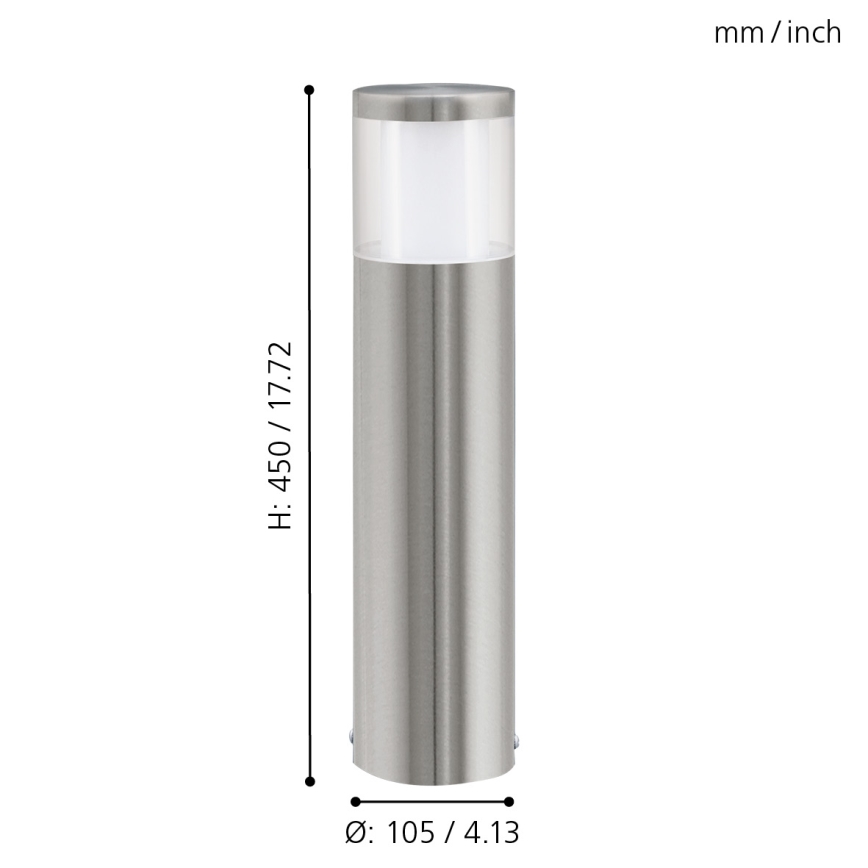 Stĺpiková lampa s valcovým tvarom, vyrobená z nerezovej ocele, s priehľadným difúzorom na vrchu. Výška 450 mm / 17,72 palca, priemer 105 mm / 4,13 palca.