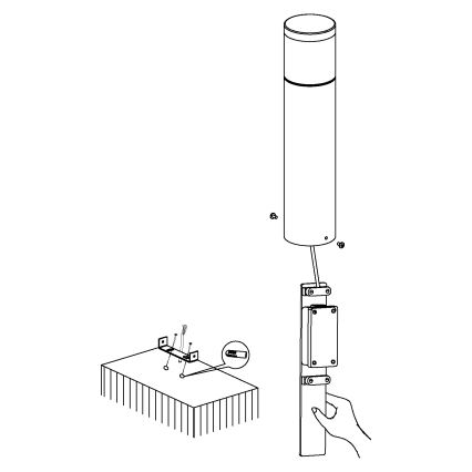 Svietidlo sa montuje na podstavec. Ruka pripevňuje svietidlo k vertikálnemu držiaku s elektrickou krabicou. Súčasťou je aj montážna platnička pripevnená k podstavcu.