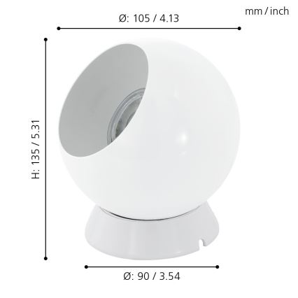 Biela guľová lampa s otvorom na žiarovku stojí na malej bielej podstave. Rozmery: výška 135 mm/5.31 palca, priemer 105 mm/4.13 palca, priemer podstavy 90 mm/3.54 palca.
