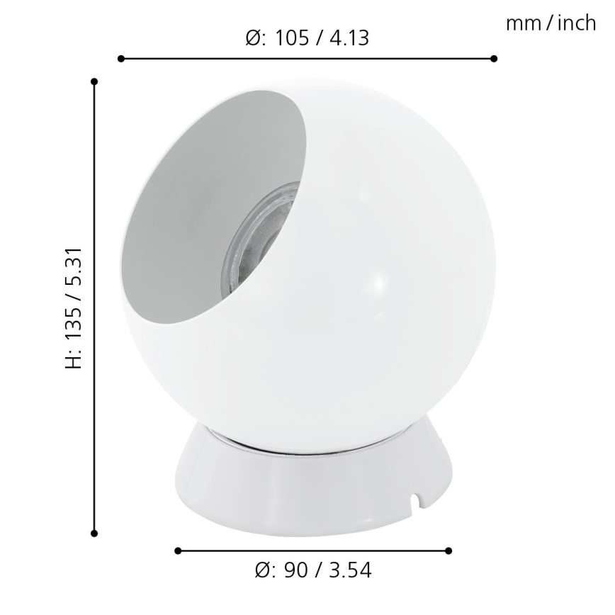 Biela guľová lampa s otvorom na žiarovku stojí na malej bielej podstave. Rozmery: výška 135 mm/5.31 palca, priemer 105 mm/4.13 palca, priemer podstavy 90 mm/3.54 palca.