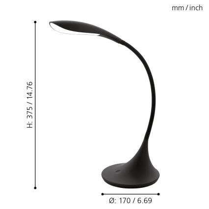 Čierna stolová lampa s ohnutým ramenom svieti. Výška 375 mm/14,76 palca, priemer základne 170 mm/6,69 palca.