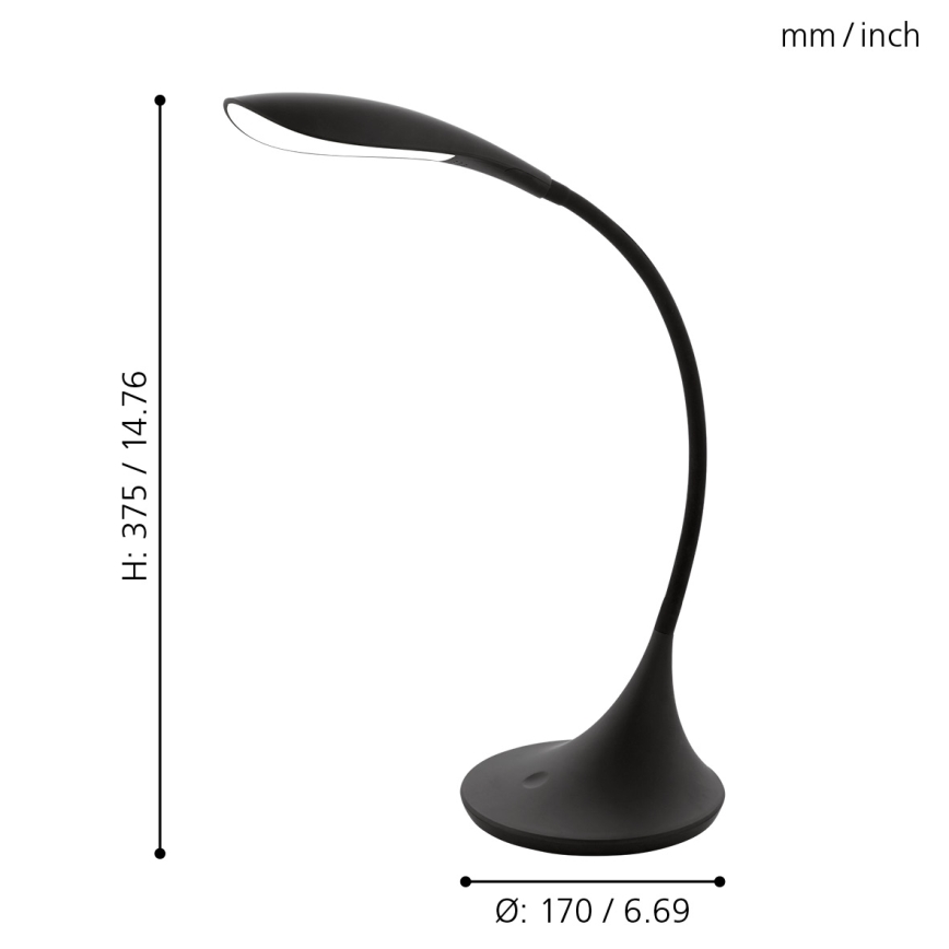 Čierna stolová lampa s ohnutým ramenom svieti. Výška 375 mm/14,76 palca, priemer základne 170 mm/6,69 palca.