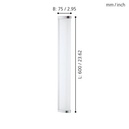Dlhá štíhla LED lampa s bielym difúzorom a striebornými koncovkami je zobrazená s rozmermi: B: 75 / 2,95, L: 600 / 23,62 mm/inch.
