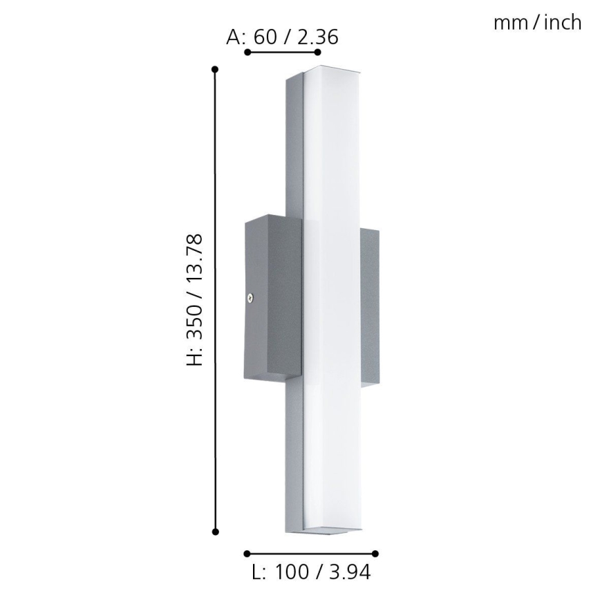 Svietidlo — je pripevnené na stenu — s rozmermi 350 x 100 x 60 mm (13.78 x 3.94 x 2.36 palcov).