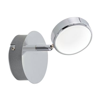 Nástenné svietidlo s otočnou hlavou, vyrobené z chrómu a sivej, je pripevnené na stenu. Svietidlo je otočné a vyžaruje svetlo z kruhového difúzora.