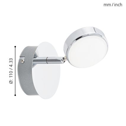 Svietidlo s otočnou hlavicou a okrúhlym tienidlom je pripevnené na stene. Svietidlo má striebornú a chrómovú úpravu. Rozmery: Ø: 110 / 4.33.