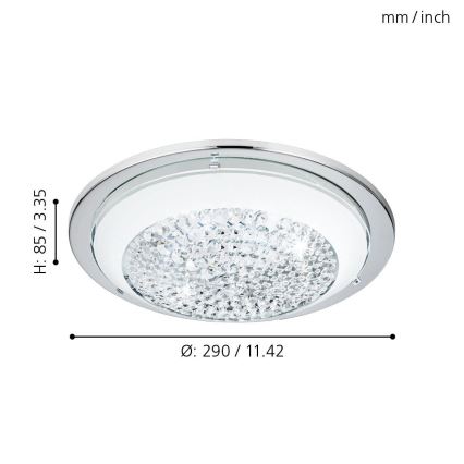 Stropné svietidlo s kryštálikmi je zobrazené zhora. Priemer je 290 mm/11.42 palcov, výška 85 mm/3.35 palcov. Svietidlo má chrómový rám a je osadené mnohými kryštálikmi.