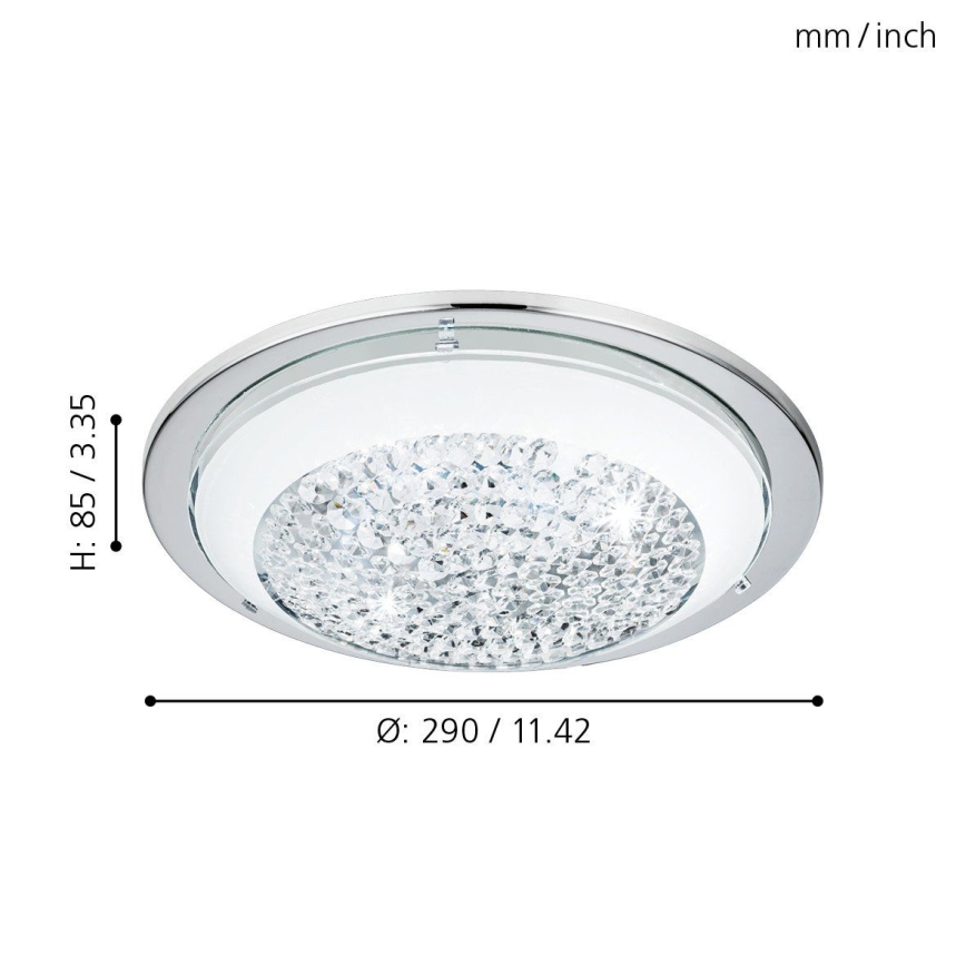 Stropné svietidlo s kryštálikmi je zobrazené zhora. Priemer je 290 mm/11.42 palcov, výška 85 mm/3.35 palcov. Svietidlo má chrómový rám a je osadené mnohými kryštálikmi.