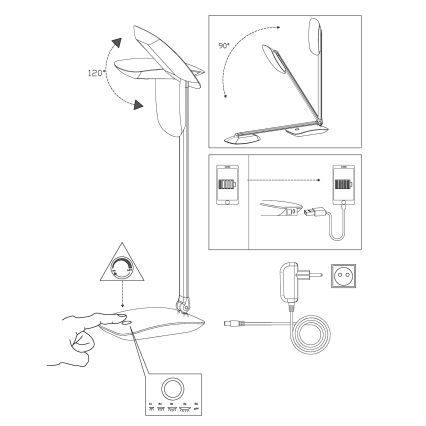 Stolová lampa sa nastavuje dotykom a otáča o 120° a 90°. Nabíja sa cez USB kábel a sieťový adaptér. Ovládanie jasu je pomocou dotykového tlačidla s ikonami.