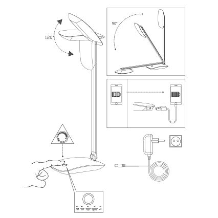 Stolná lampa sa ovláda dotykom, má nastaviteľný sklon a jas. Nabíja sa cez USB kábel pripojený k sieťovému adaptéru. Lampa sa dá sklopiť.