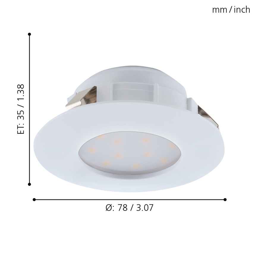 LED svietidlo s ôsmimi diódami je zobrazené zhora. Svietidlo je biele, kruhového tvaru s priemerom 78 mm / 3,07 palca a výškou 35 mm / 1,38 palca. Upevnenie je viditeľné po stranách.