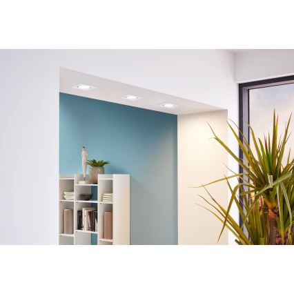 Tri vstavané stropné svetlá osvetľujú miestnosť s bledomodrou stenou, bielou knižnicou a veľkou izbovou rastlinou.