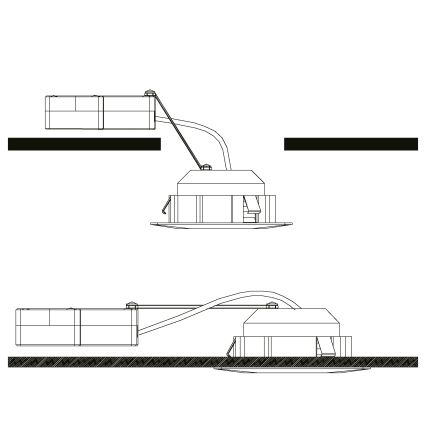 Dve schémy znázorňujú montáž svietidla. Obdĺžniková jednotka sa pripája k kruhovému držiaku na strope pomocou kábla. Horná schéma ukazuje pripojenie s rovným káblom, spodná s prehnutým.