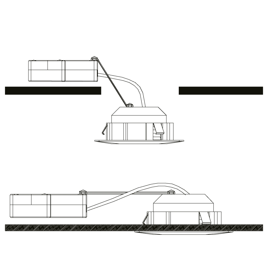 Dve schémy znázorňujú montáž svietidla. Obdĺžniková jednotka sa pripája k kruhovému držiaku na strope pomocou kábla. Horná schéma ukazuje pripojenie s rovným káblom, spodná s prehnutým.