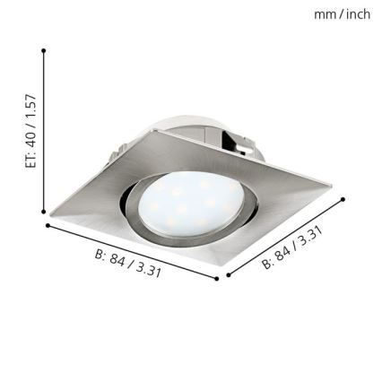Stropné LED svietidlo s nástennou montážou, osvetľuje priestor. Štvorcové, strieborné puzdro s rozmermi 84/3.31 mm a výškou 40/1.57 mm.