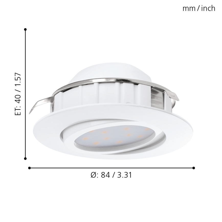 Biela LED diódová svietidlo s priemerom 84 mm/3.31 palca a výškou 40 mm/1.57 palca je umiestnené na bielom pozadí. Svietidlo má strieborný kovový prvok.