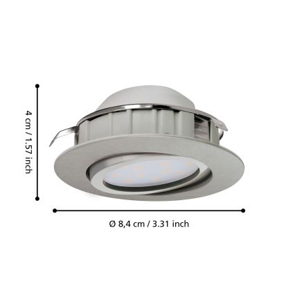 Svetlo s LED diódami je umiestnené na bielom pozadí. Rozmery: priemer 8,4 cm / 3,31 palca, výška 4 cm / 1,57 palca.