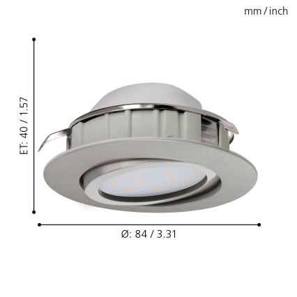 Svetlo s LED diódami je zobrazené na bielom pozadí. Priemer je 84 mm / 3,31 palca, výška 40 mm / 1,57 palca. Svetlo má strieborný okraj a sivé telo.