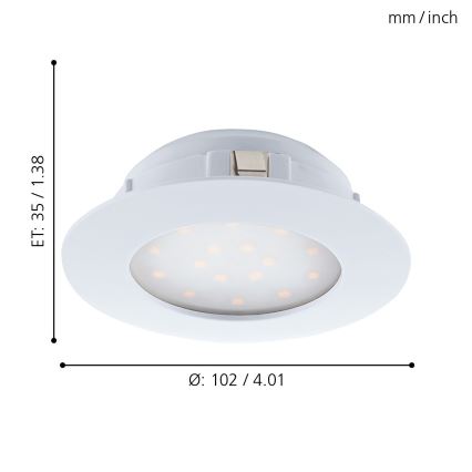 LED svietidlo s priemerom 102 mm a výškou 35 mm je zobrazené na bielom pozadí. Svietidlo má okrúhly tvar s viacerými LED diódami. Uvedené rozmery sú v mm/palcoch.