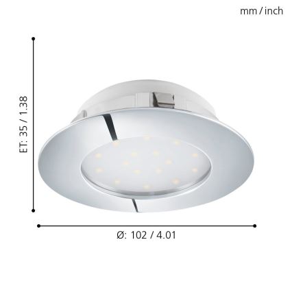 LED svietidlo s chrómovým rámom a rozptýleným svetlom, je namontované, má priemer 102 mm / 4,01 palca a výšku 35 mm / 1,38 palca.