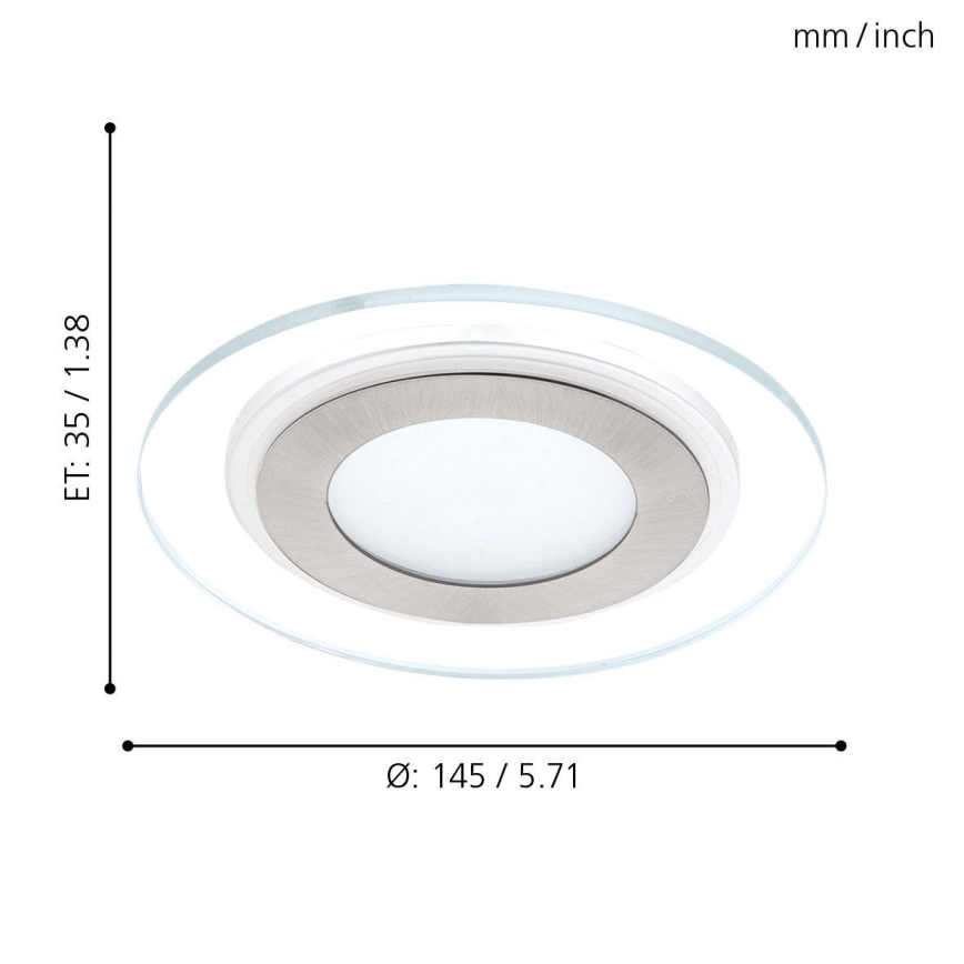 Svietidlo s priemerom 145 mm/5.71 palca a výškou 35 mm/1.38 palca je zobrazené zhora. Svietidlo má stredový biely difúzor obklopený kovovou a sklenenou obrubou.