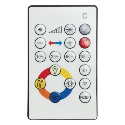 Diaľkový ovládač ovláda svetlo; prepína sa medzi režimami, nastavuje intenzitu a ponúka funkcie zapínania/vypínania, resetu a výberu prednastavených scén (D1, D2).