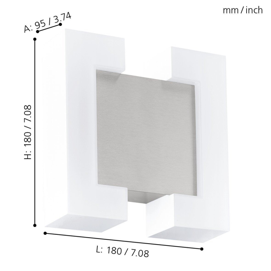 Nástená lampa s kovovou vložkou je umiestnená na stene. Rozmery sú: výška 180 mm/7,08 palca, šírka 180 mm/7,08 palca, hĺbka 95 mm/3,74 palca.
