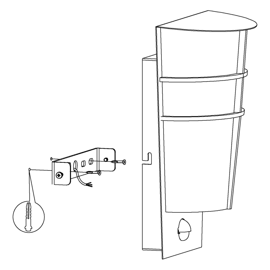 Vonkajšie svietidlo sa montuje na stenu pomocou držiaka a skrutiek. Držiak má otvory pre skrutky a pripojenie káblov. Svietidlo je vysoké, štíhle, trojuholníkového tvaru s dvomi horizontálnymi priečkami.