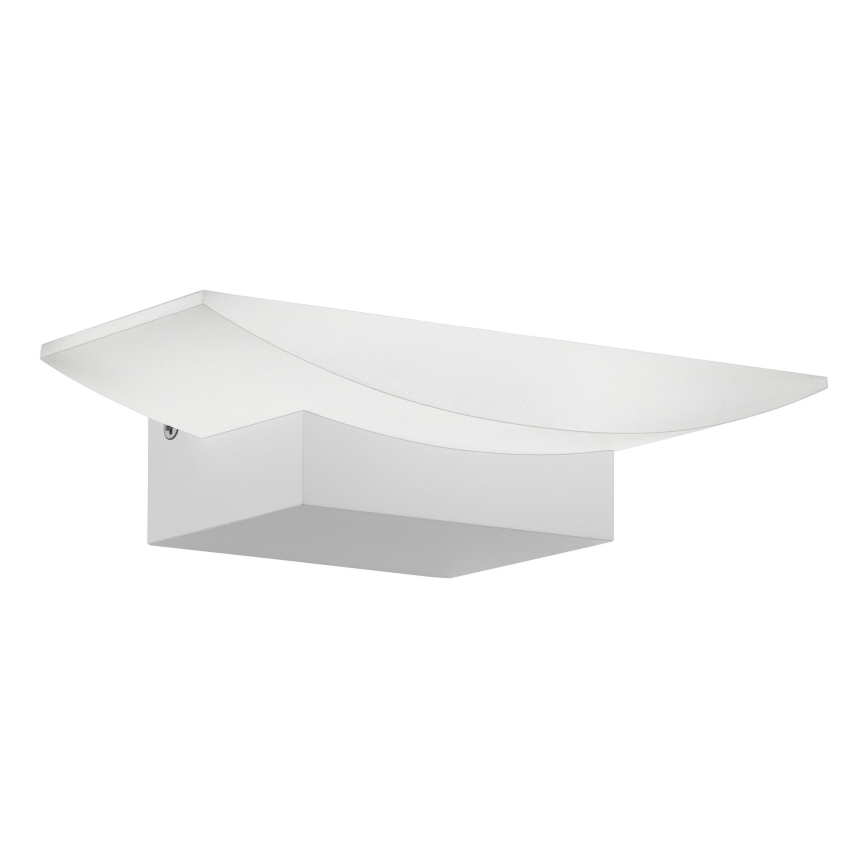 Nástené svietidlo s bielym oblým difúzorom je pripevnené k štvorcovej základni. Svietidlo je umiestnené na bielom pozadí.