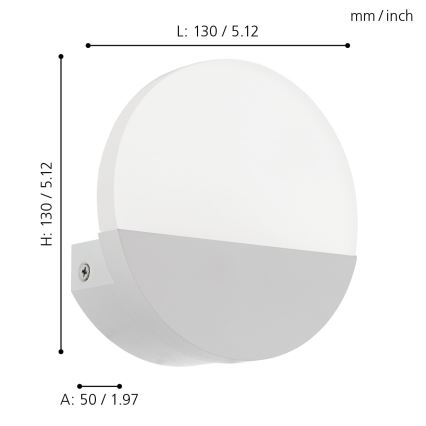 Biela nástenná lampa, polkruhový tvar, je pripevnená na stenu. Rozmery: výška 130 mm/5.12 palcov, šírka 130 mm/5.12 palcov, hĺbka 50 mm/1.97 palcov.