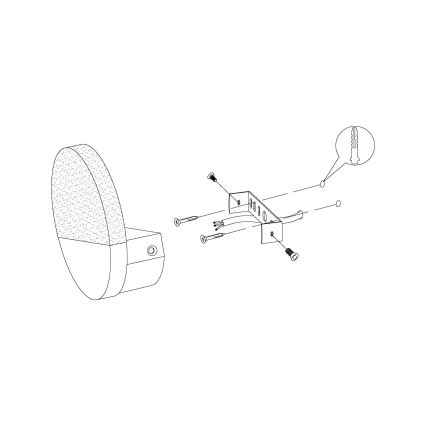 Návod na montáž nástennej svietidla: polkruhové svietidlo sa pripevňuje k stene pomocou kovovej montážnej konzoly a skrutiek. Súčasťou sú aj hmoždinky.
