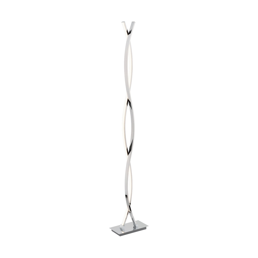 Stojacia lampa s dvojitým zakriveným chrómovým telom svieti. Je umiestnená na bielom pozadí.