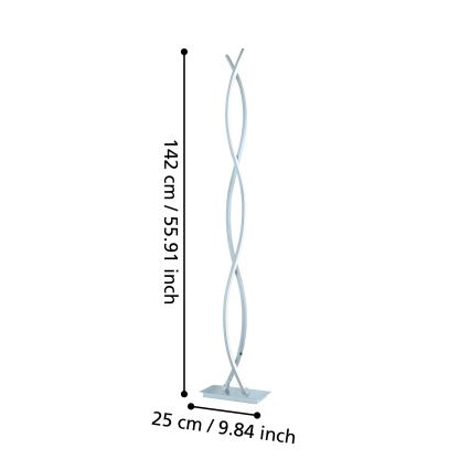 Stojacia lampa s dvoma prepletenými ramenami, vysoká 142 cm a široká 25 cm, stojí na štvorcovej základni.