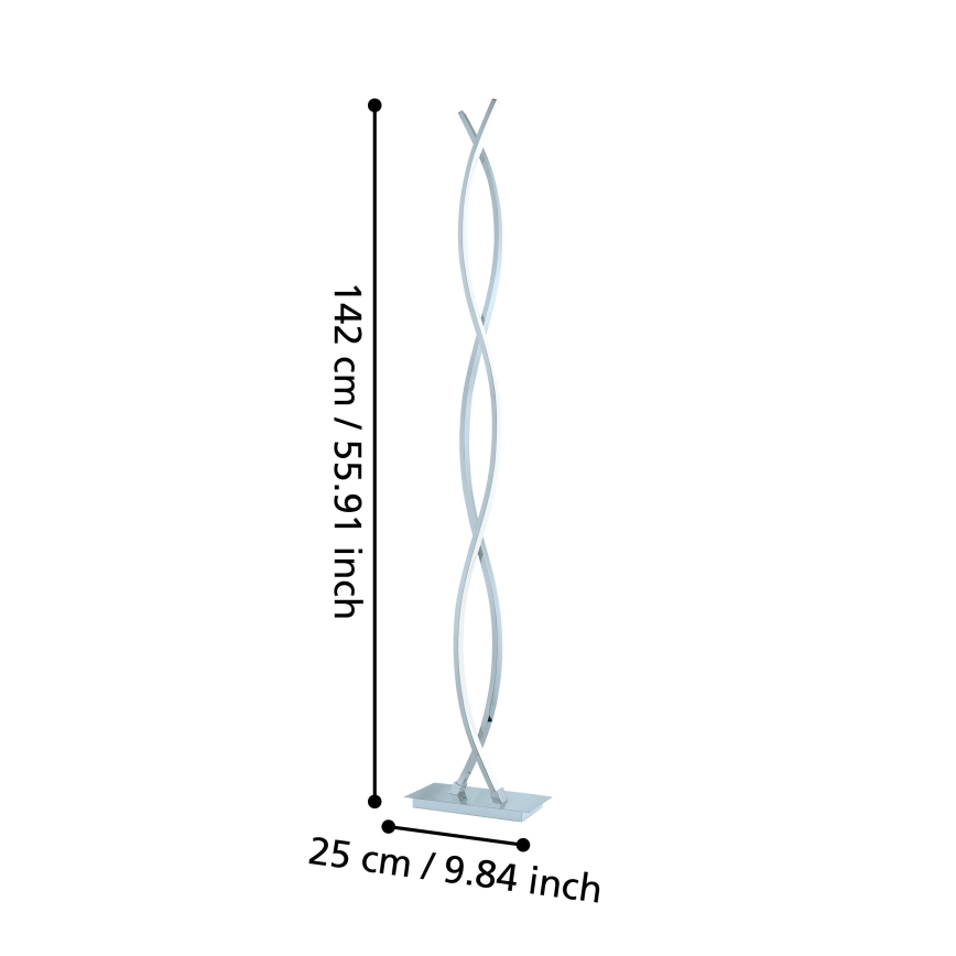 Stojacia lampa s dvoma prepletenými ramenami, vysoká 142 cm a široká 25 cm, stojí na štvorcovej základni.