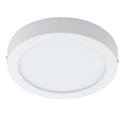 Okrúhle stropné LED svetlo s bielym rámom a difúzorom svieti na bielom pozadí.