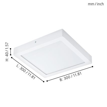 Nástenné svietidlo s rozmermi 300 x 300 x 40 mm je zobrazené z uhla. Svietidlo je biele, štvorcového tvaru. Uvedené rozmery sú v mm a palcoch.