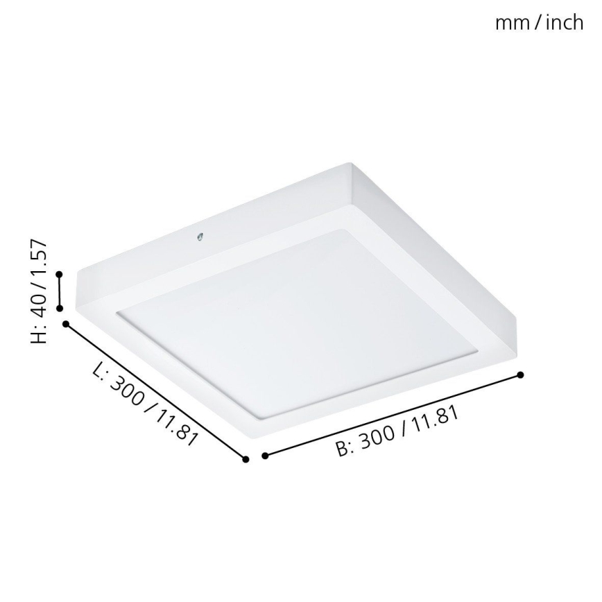 Nástenné svietidlo s rozmermi 300 x 300 x 40 mm je zobrazené z uhla. Svietidlo je biele, štvorcového tvaru. Uvedené rozmery sú v mm a palcoch.